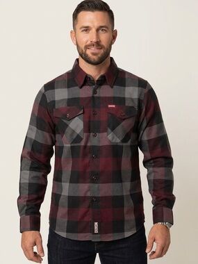 DIXXON Men's Burgundy Black Gray Plaid Button-Down Shirt